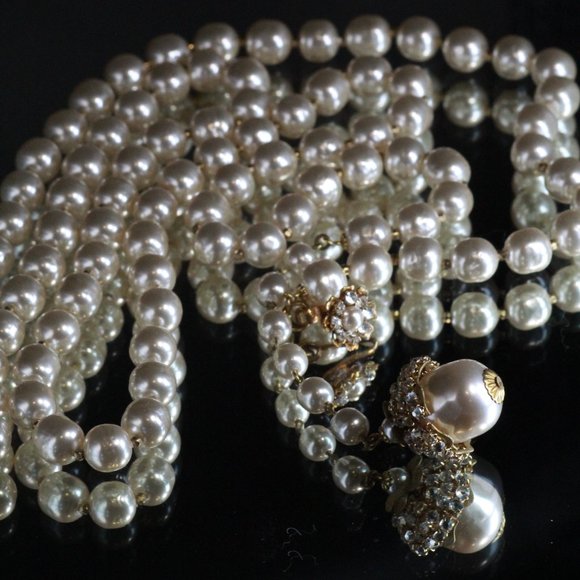 MIRIAM HASKELL COUTURE BAROQUE PEARL RHINESTONES MINT LARIAT NECKLACE - Picture 9 of 14